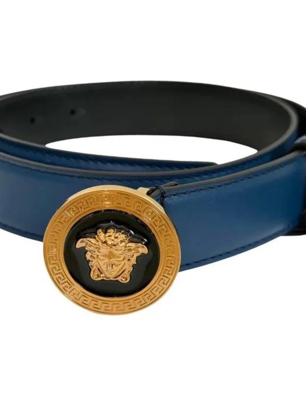 Versace Blue Leather Men's Belt with Gold Medusa Buckle